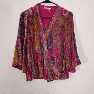 Anthropologie Pink w/ Colorful Velvet Patterned V Neck Bell Sleeve Blouse Top